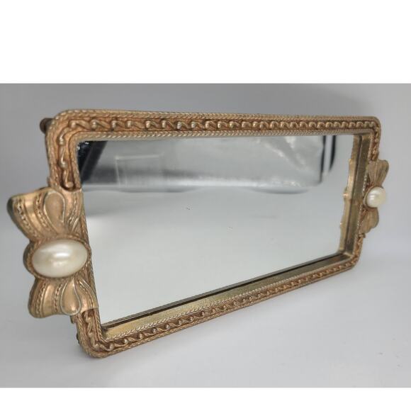 Vintage Gold Plate Metal Rectangular Bow & Pearl 12” Vanity Tray Mirror Jewelry - Picture 2 of 10